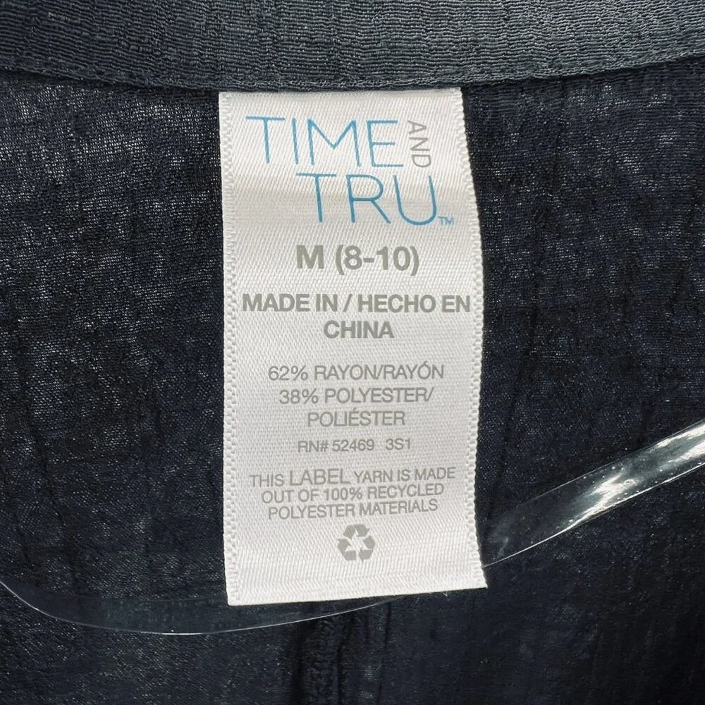 Time And Tru Womens Top Medium 8/10 Black Wrap Shirt 3/4 Sleeve Tie Waist Blouse